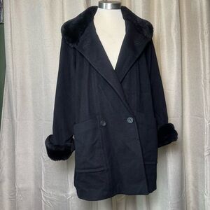 Steve by Searle Collared Fur Trim Black Wool Double Breasted Ling Coat Size 4